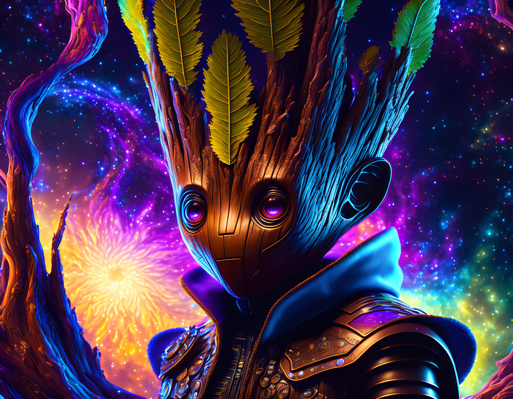 Colorful digital artwork featuring Groot in cosmic setting