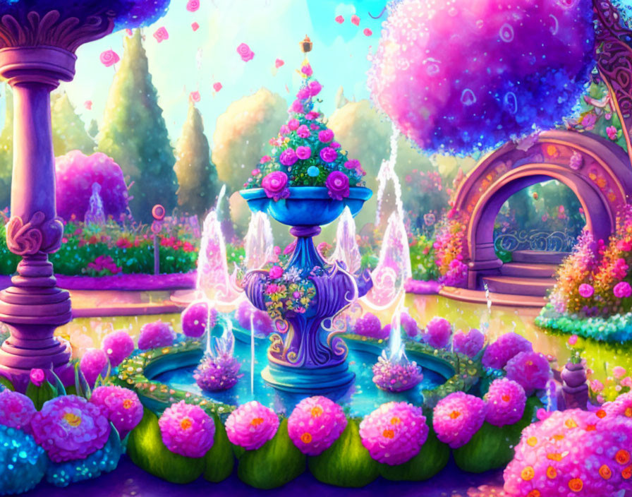 Colorful Fantasy Garden with Fountain and Archway