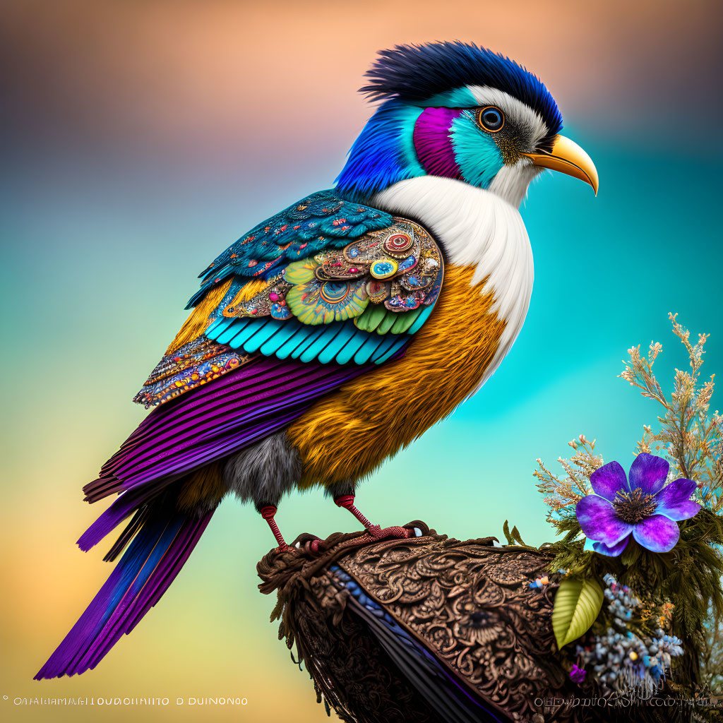 Colorful Fantastical Bird with Detailed Feathers on Ornate Surface