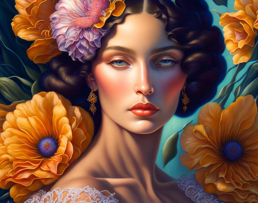 Portrait of woman with pale skin, dark curly hair, and orange flower backdrop