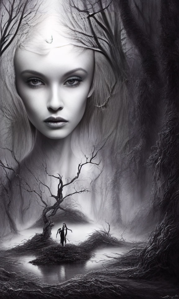 Monochromatic fantasy art: Woman's face over misty landscape with bare trees