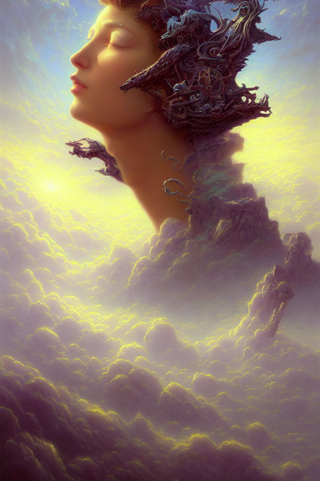 Female figure with intricate headpiece floating above clouds in serene sunlight