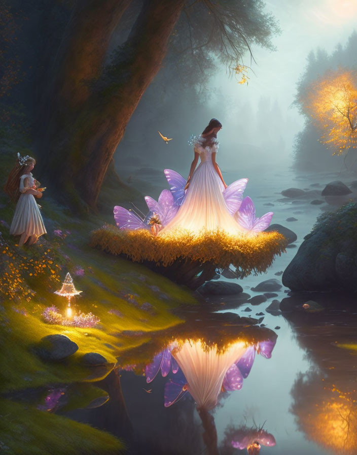 Ethereal fairies with glowing wings in enchanted forest