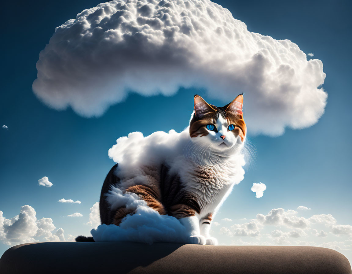 Cat with Cloud-like Fur Pattern Sitting on Rock in Blue Sky