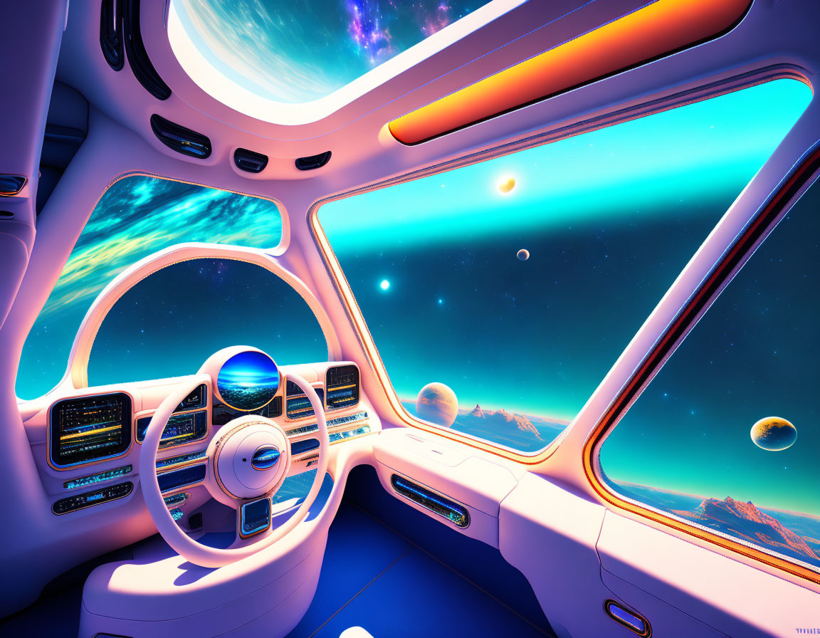 Futuristic vehicle interior with panoramic view of vibrant alien landscape