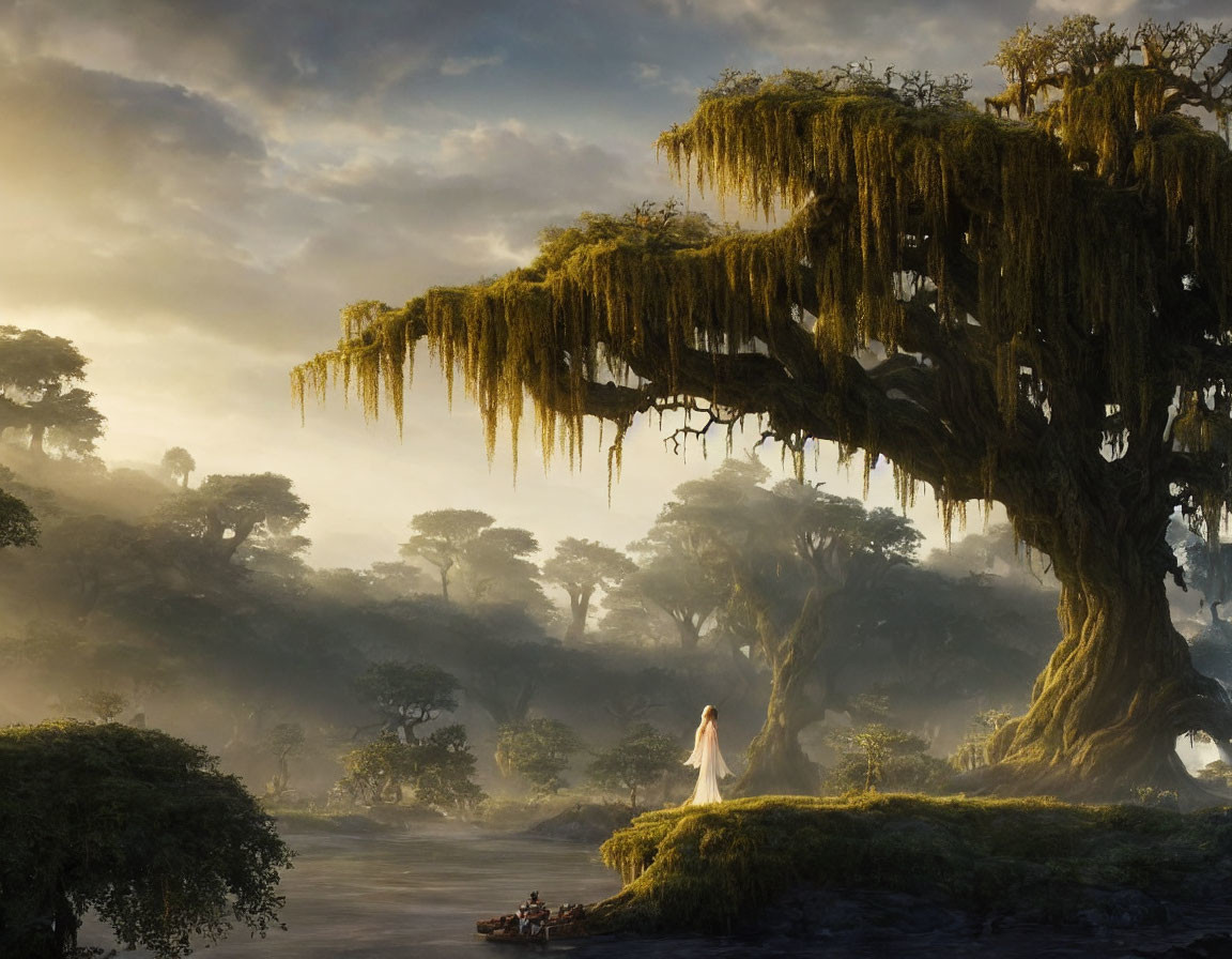 Mystical forest sunrise with moss-covered trees, misty river, and figure in white dress