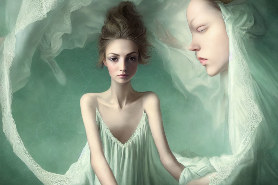 Surreal portrait of woman with ethereal twin in mint green swirl