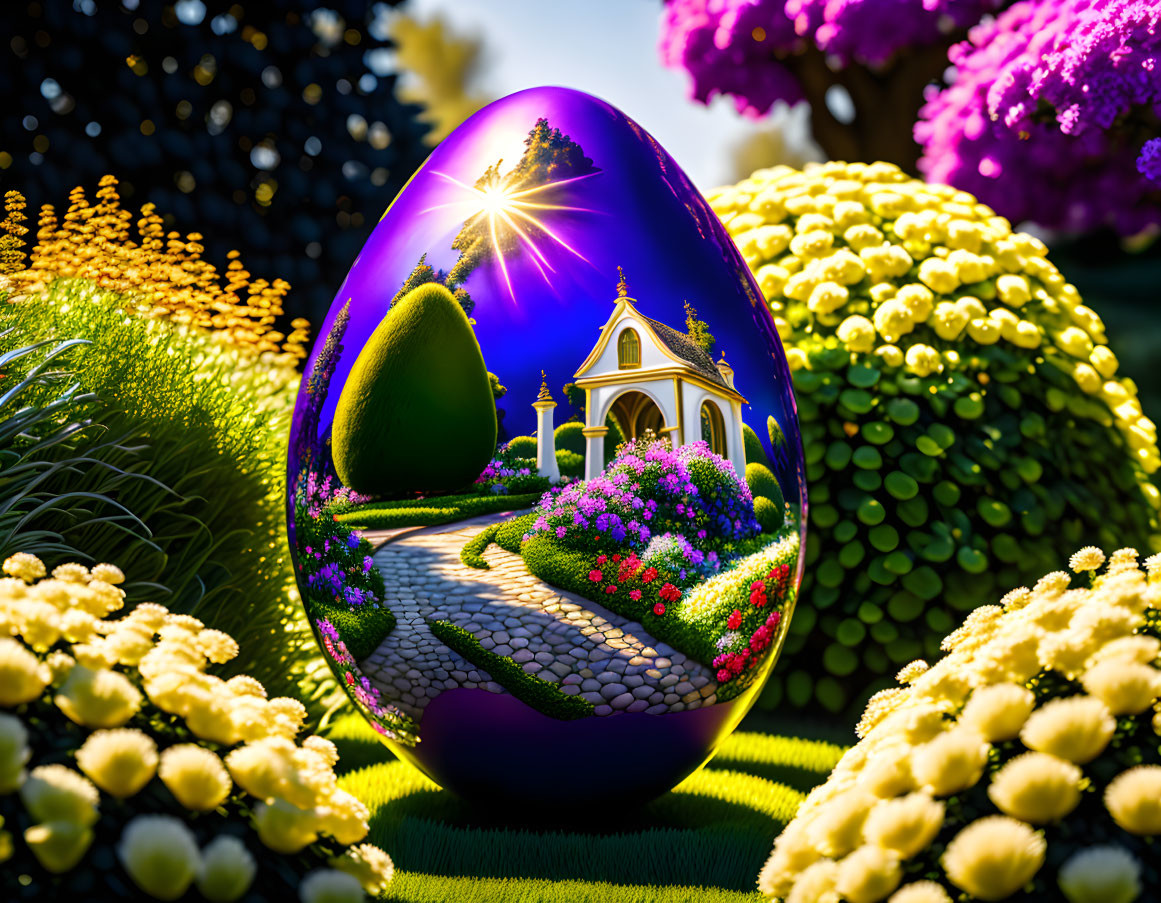 Reflective Easter egg featuring vibrant garden path to gazebo in sunny setting