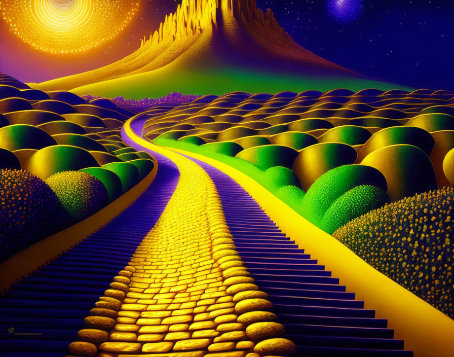 Colorful Surreal Landscape with Golden Path and Cosmic Object