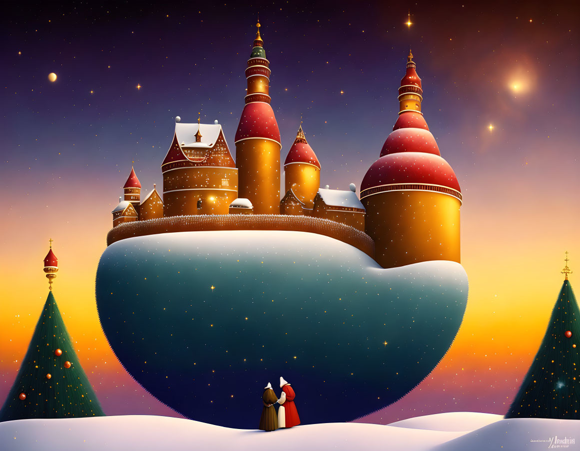 Colorful castle on floating island in snowy winter scene