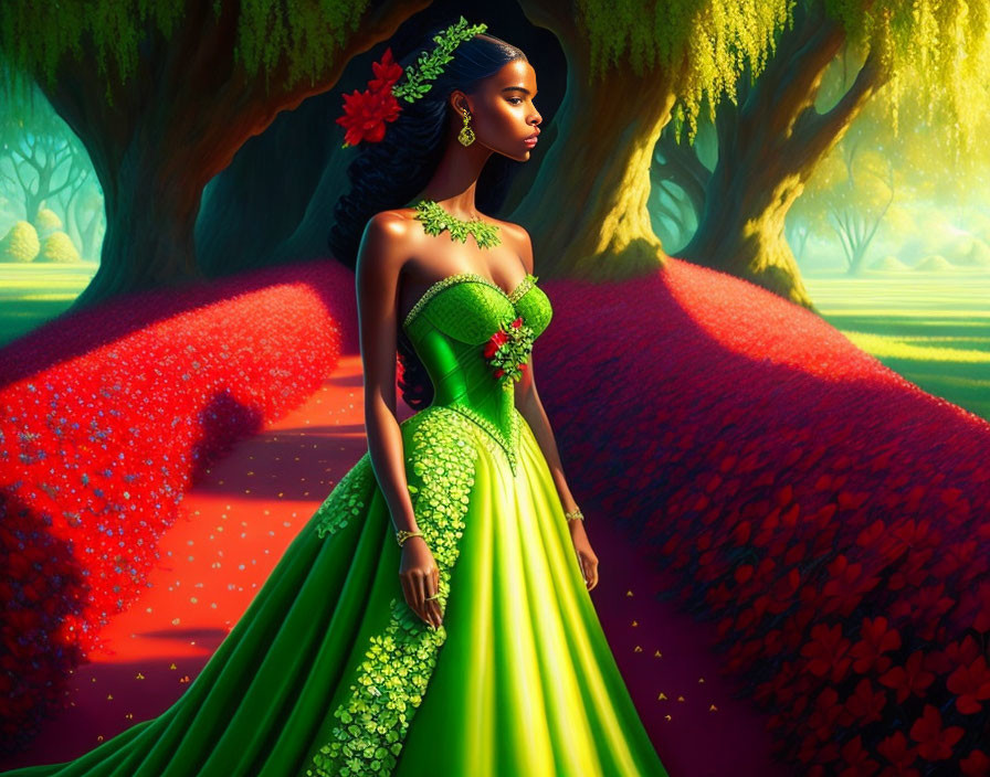 Woman in Green Dress Surrounded by Brightly Lit Fantasy Forest