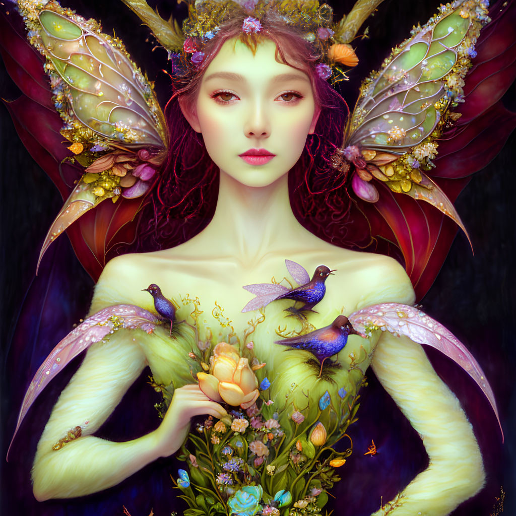 Fantastical female figure with butterfly wings and flowers on dark backdrop