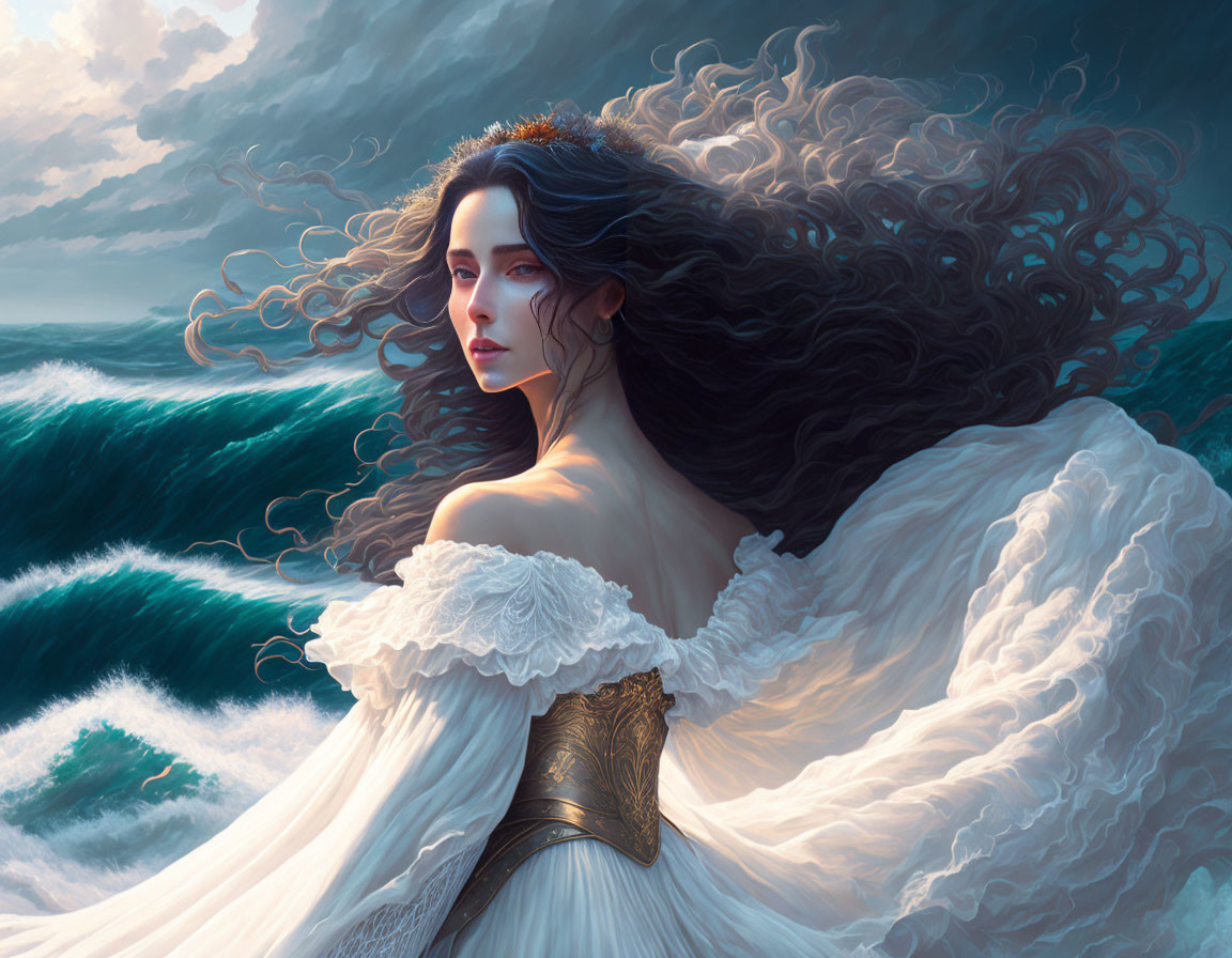 Digital artwork: Woman with black hair in white dress by stormy sea