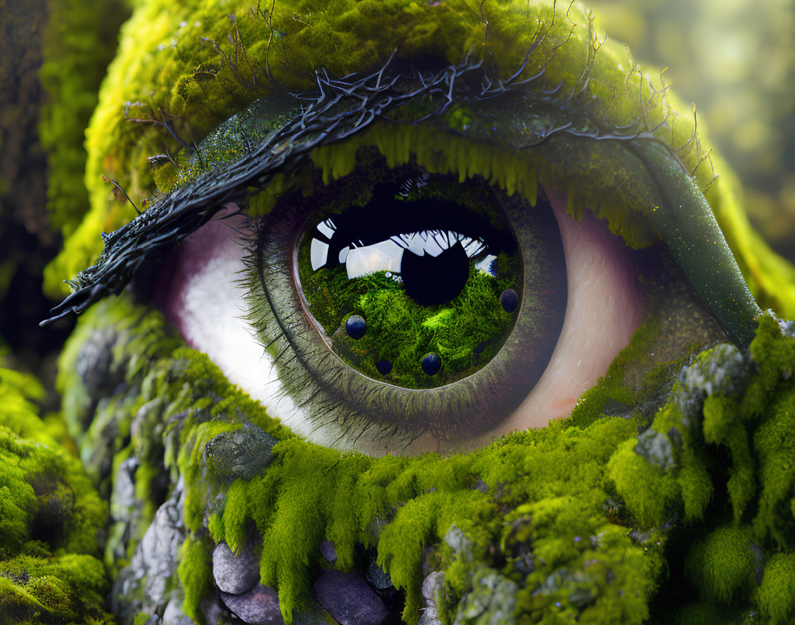 Surreal eye with mossy landscape elements: greenery, stones, branches