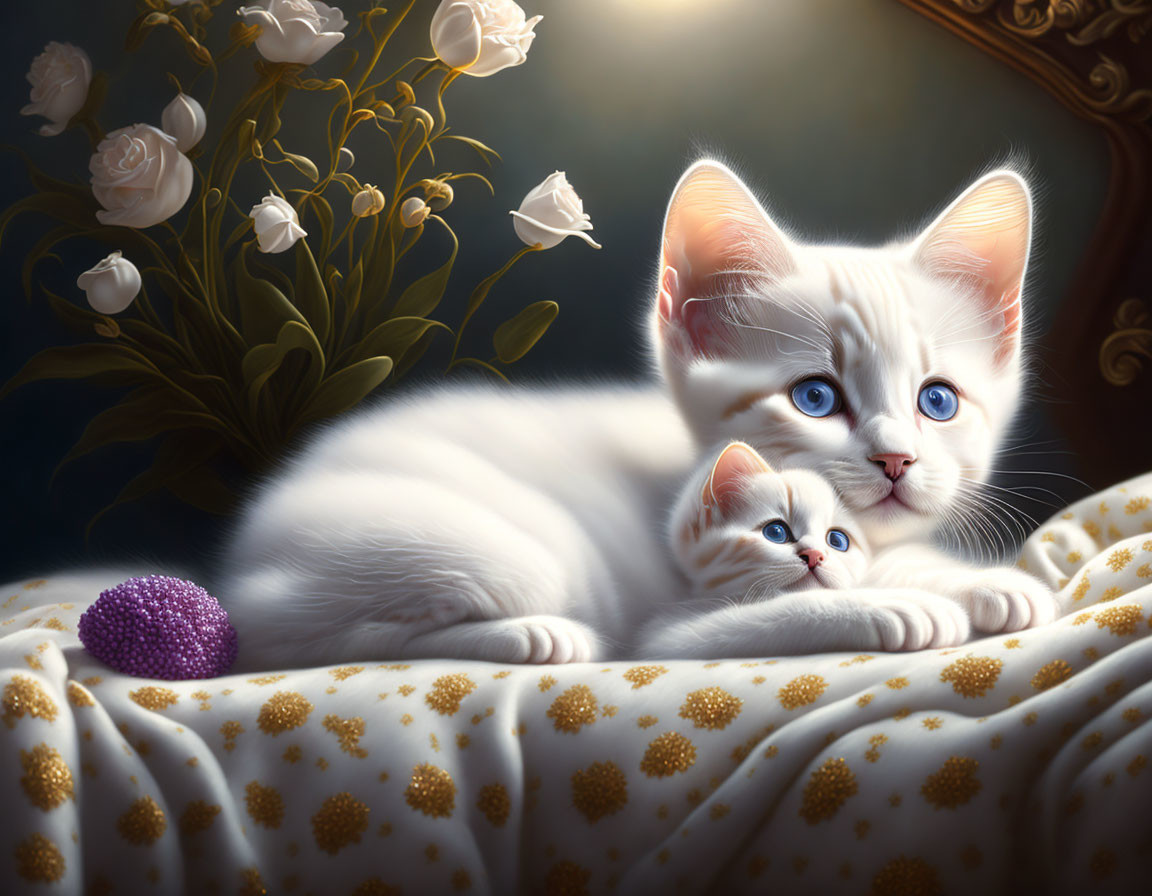 White kittens with blue eyes on cushion with purple ball & white roses near golden-framed mirror