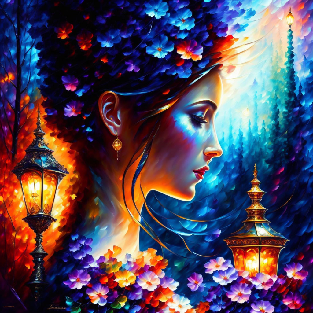 Woman with Floral Crown in Colorful Lighting and Mystical Forest Background