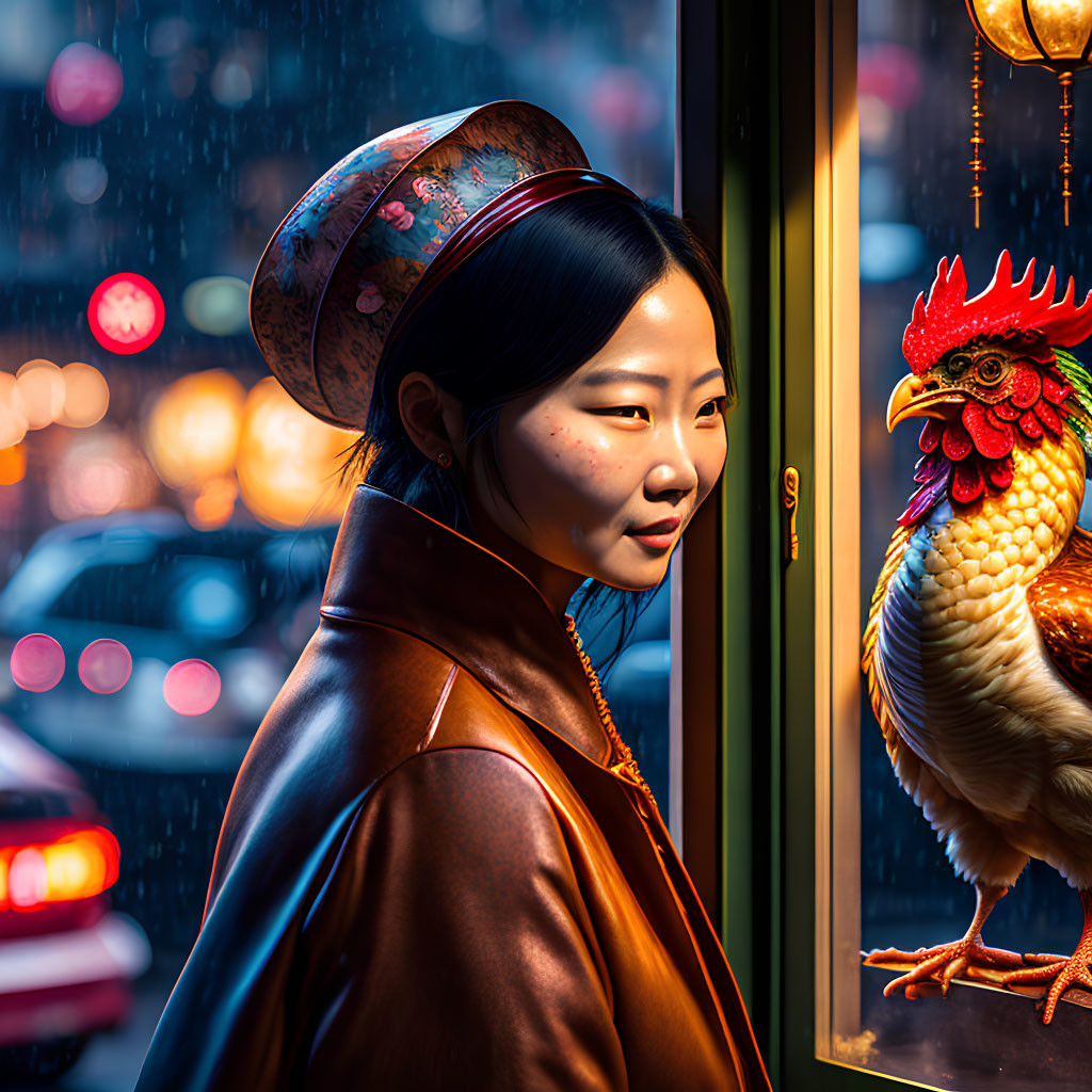 Stylish woman in hat with rooster statue in city rain scene