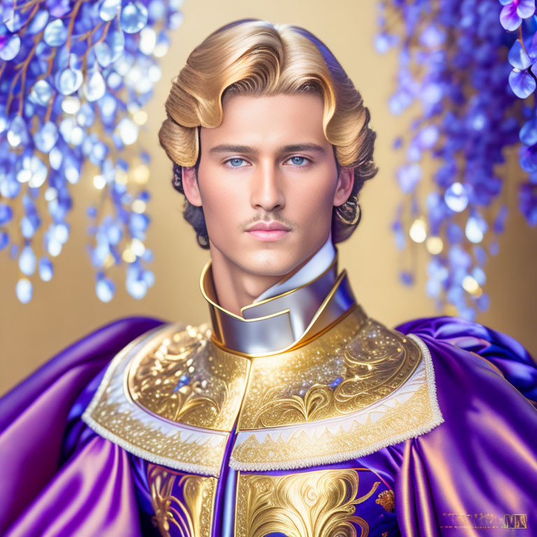 Regal young man with blond curls in purple cloak