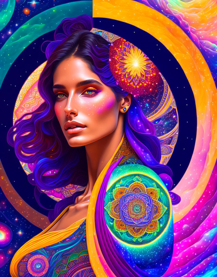 Colorful digital artwork: Woman with cosmic, mandala elements in purples, blues, and