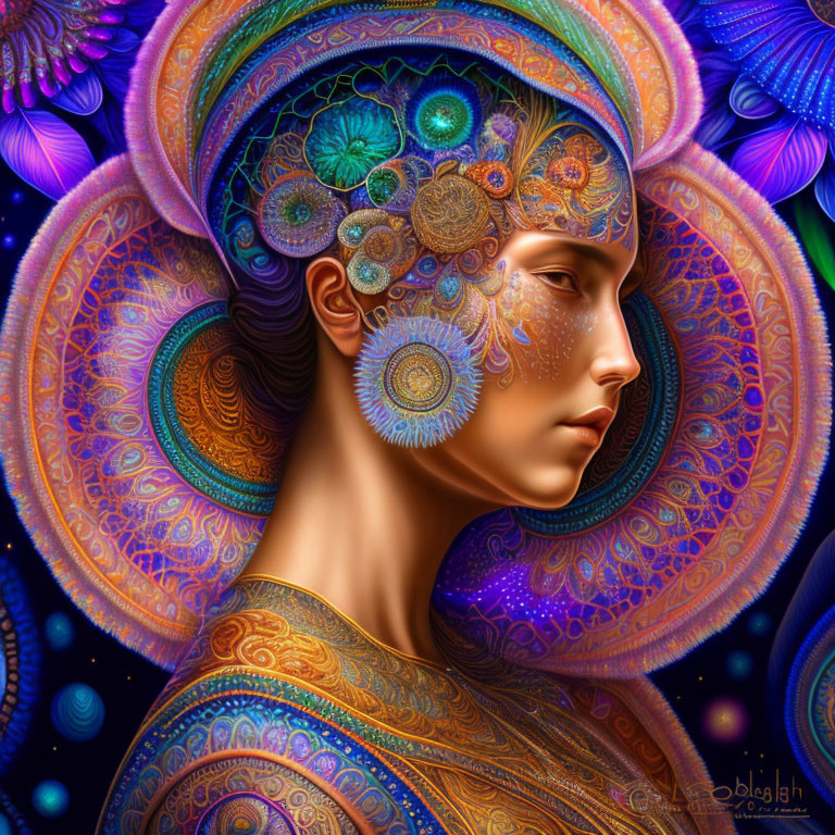 Colorful profile portrait with intricate mandala patterns and psychedelic textures