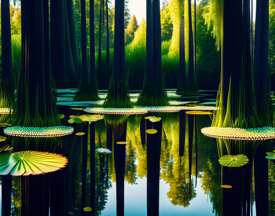 Tranquil forest scene with vibrant lily pads on reflective water