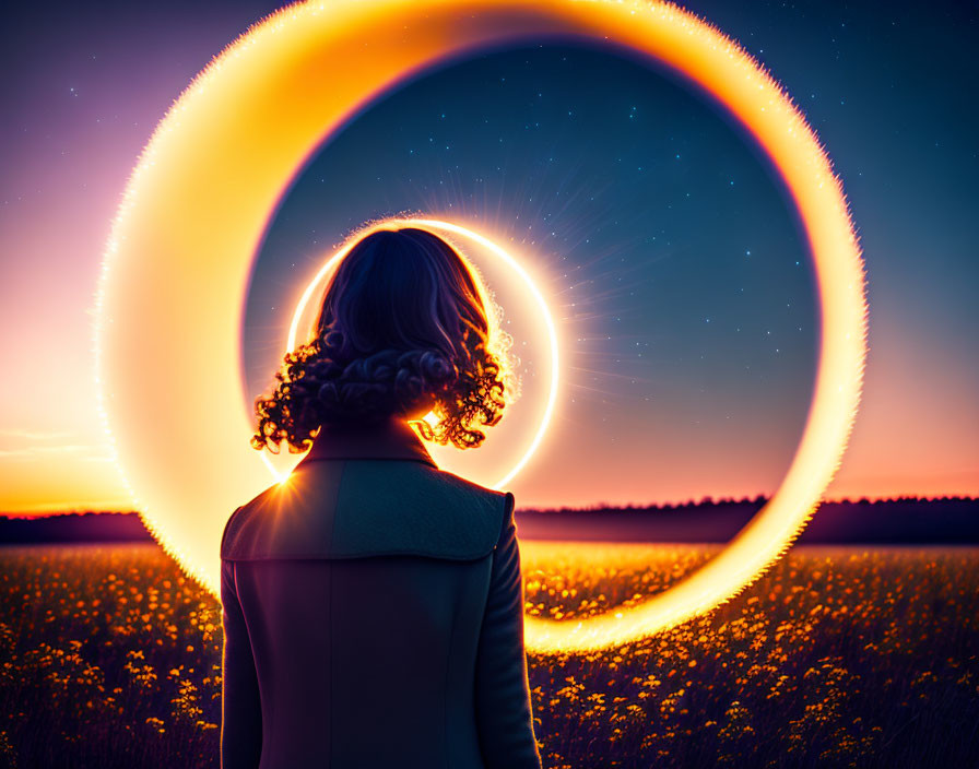 Person in field at dusk gazes at luminous ring of light in starry sky