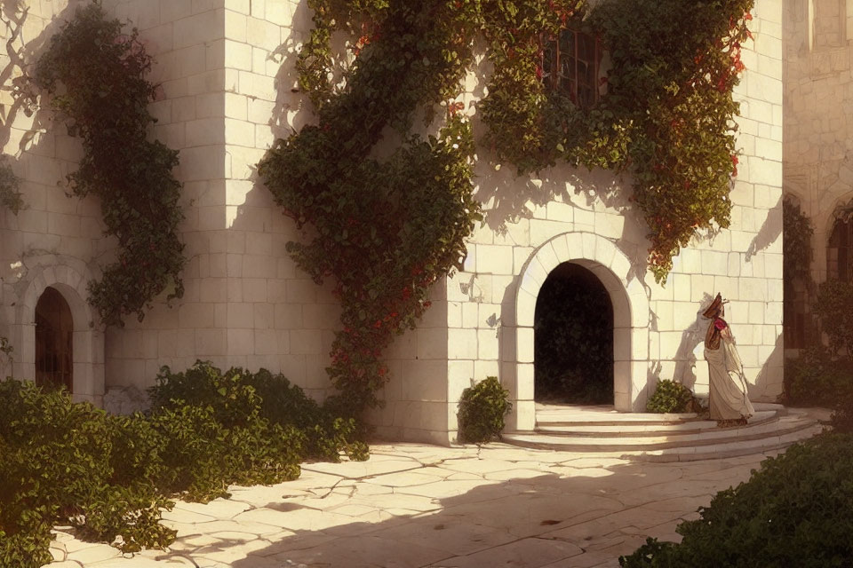 Person in cloak walks through sunlit ivy-covered courtyard