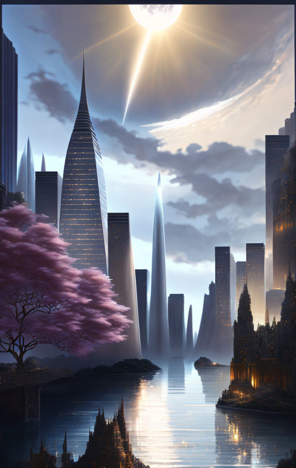 Futuristic cityscape with skyscrapers, pink tree, and water view