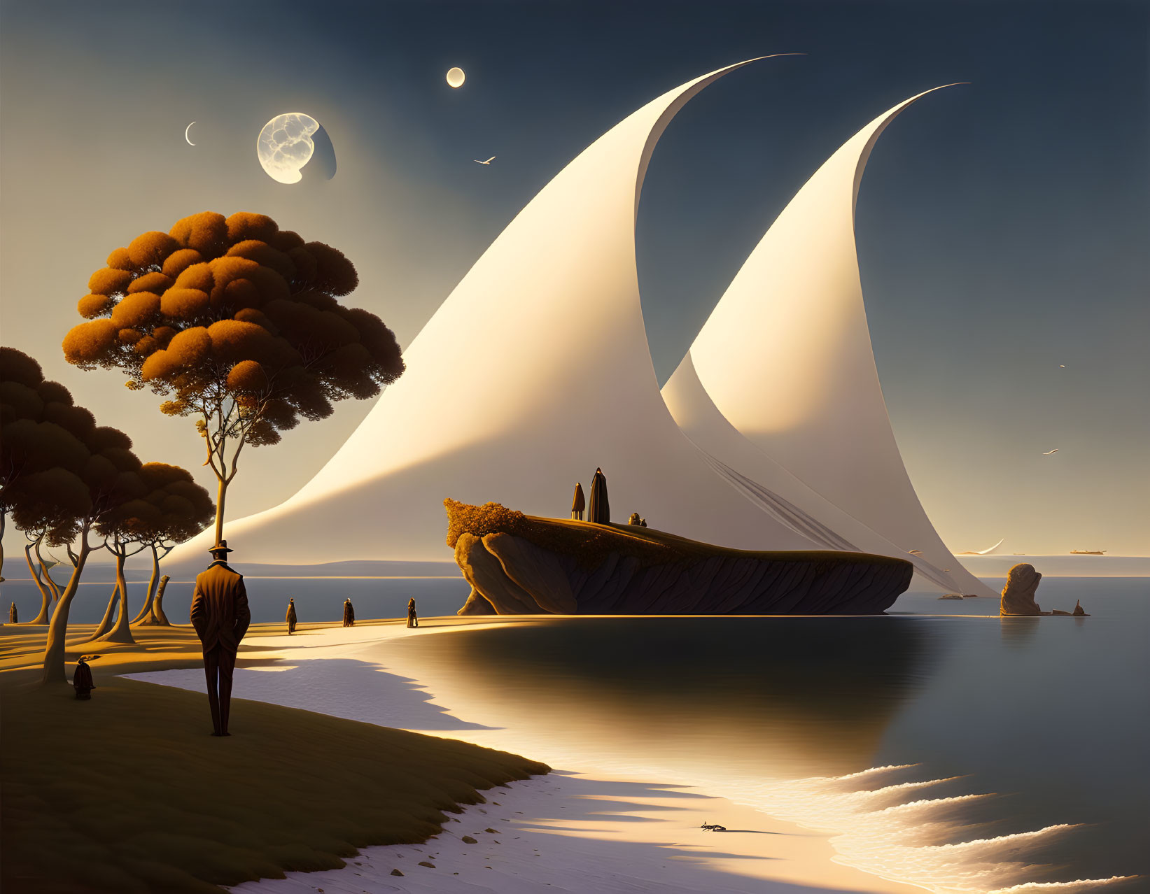 Surreal landscape with oversized sail-like structures and autumnal tree-covered landmass