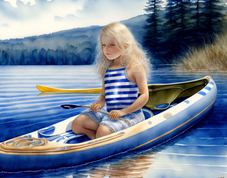 Blonde Girl in Canoe on Calm Water with Forest and Mountains