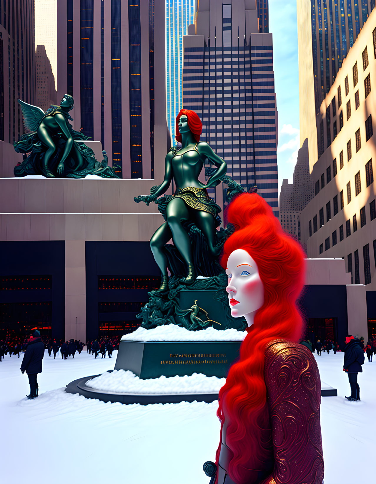 City plaza with large red-haired statue and green statue, surrounded by skyscrapers.