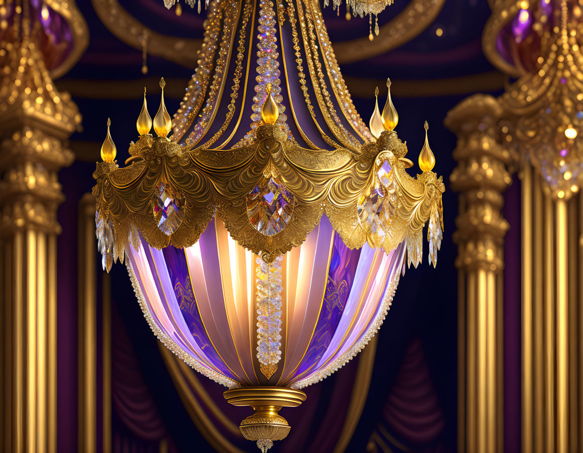 Gold-Accented Chandelier with Purple Glass and Dark Curtains