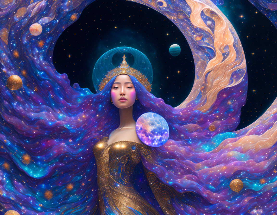 Cosmic-themed artwork: Woman with galaxy hair and starry crown