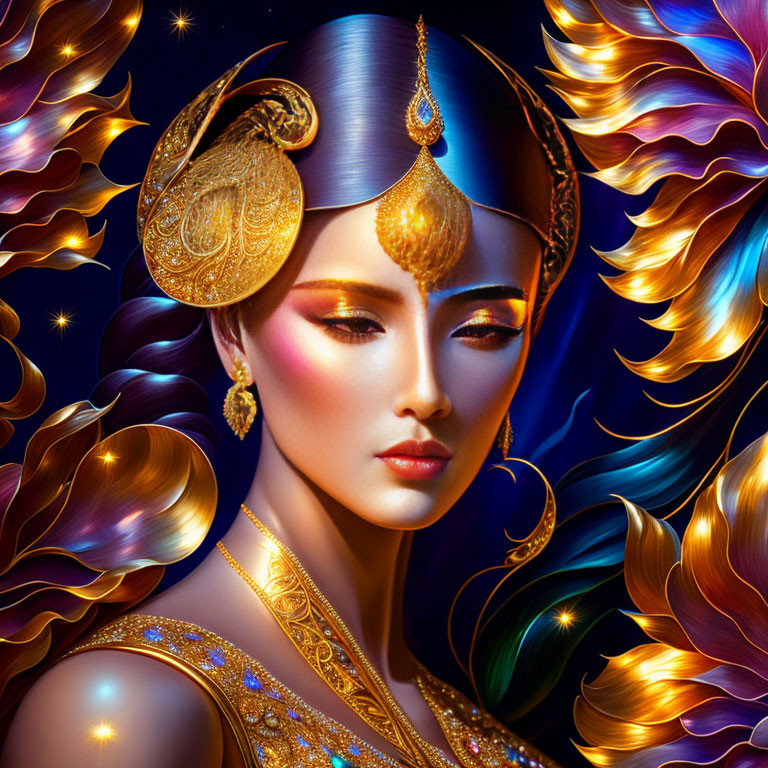 Woman with Golden Headdress and Jewelry in Fantastical Setting