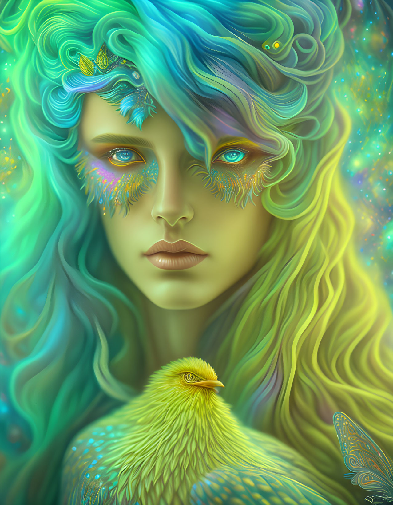 Colorful Illustration of Person with Turquoise Hair and Stars, Holding Yellow Bird