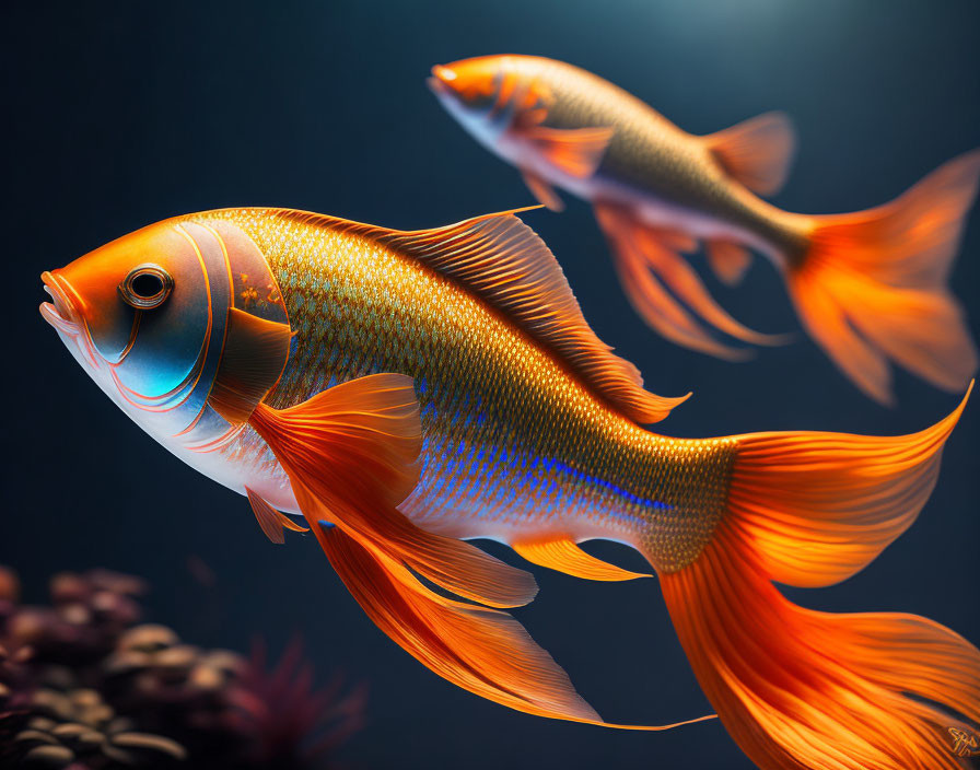 Vibrant orange and goldfish swimming in dark blue water