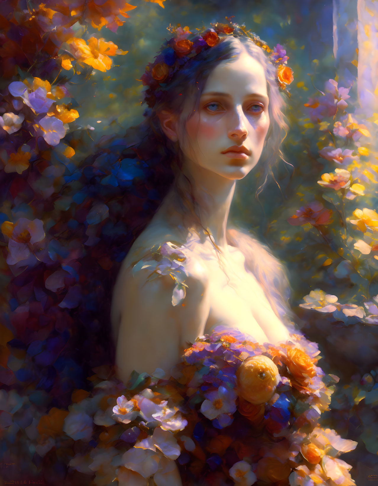 Floral Crown Woman Surrounded by Colorful Blossoms