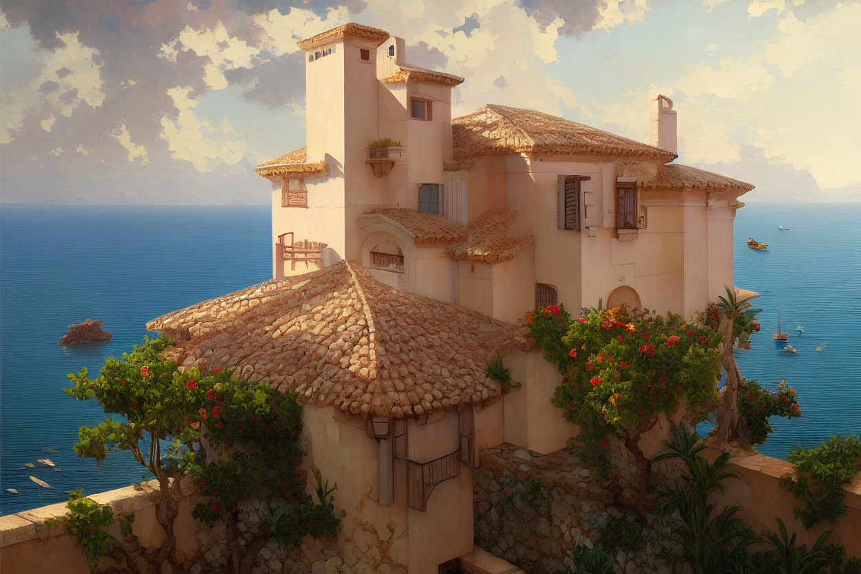 Golden Sunlight Bathes Coastal Villa with Terracotta Roofs