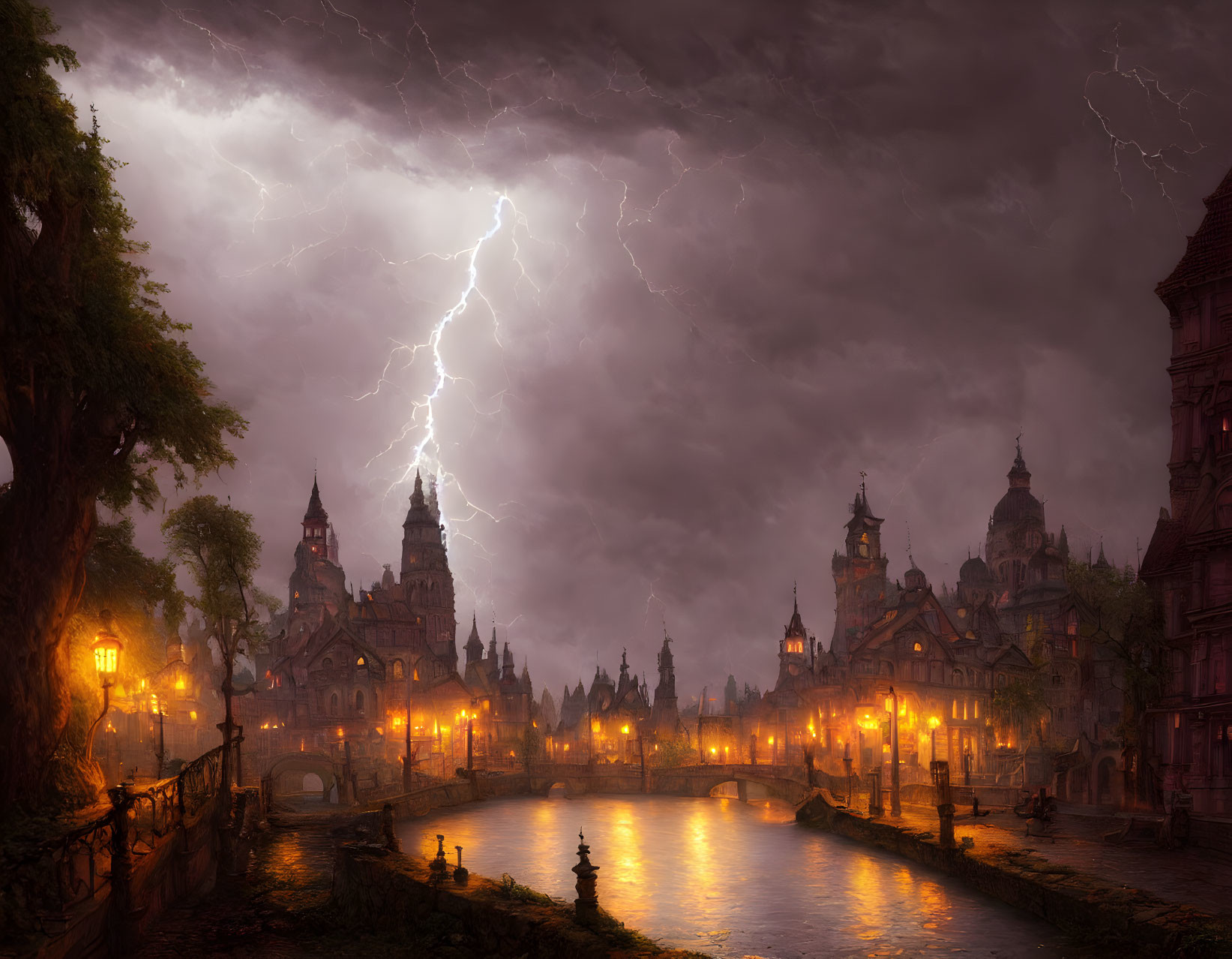 Gothic cityscape at night with lightning and canal