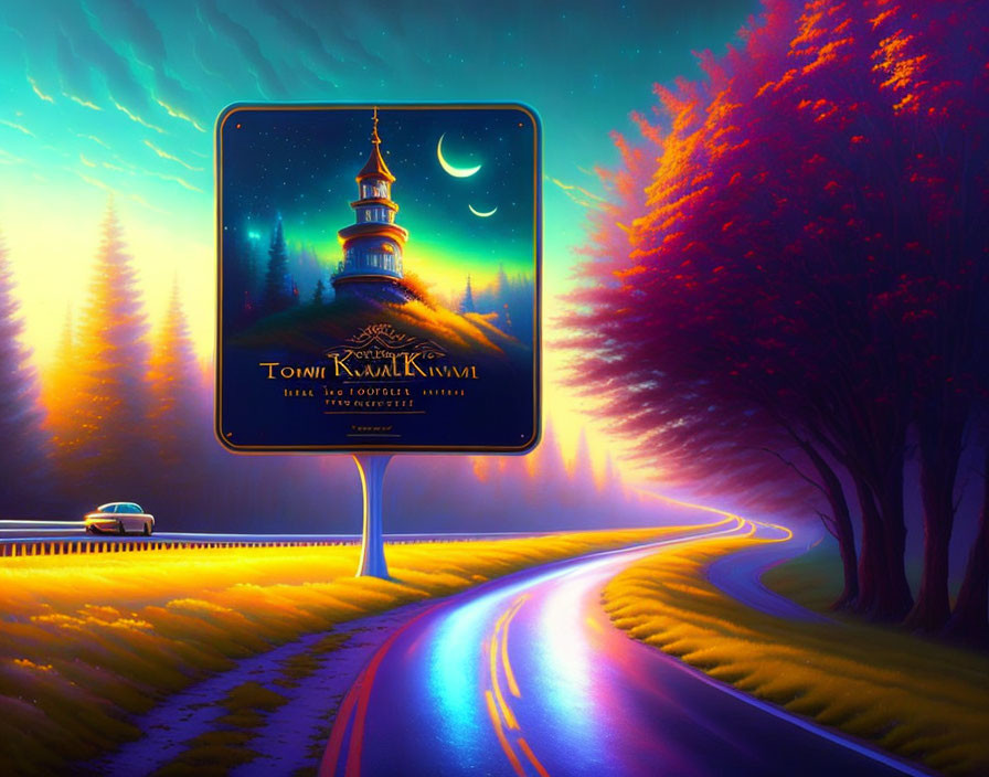 Digital artwork of winding road at dusk with illuminated tower, autumn trees, starry sky, and floating