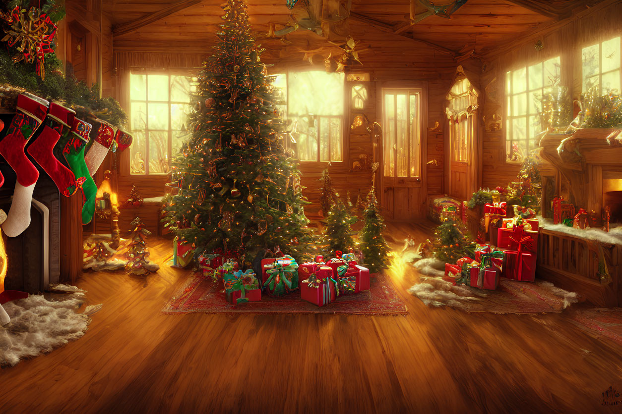 Rustic Christmas-themed wooden cabin interior with tree, stockings, presents, and warm lighting