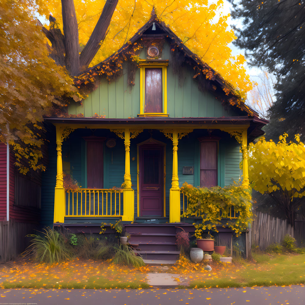 Victorian-style green house with yellow porch in autumn setting