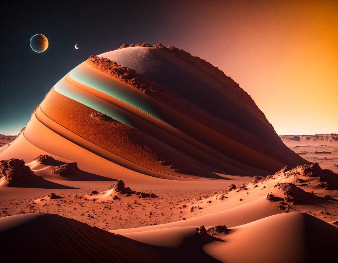 Surreal desert landscape with layered dunes and giant planet in orange sky