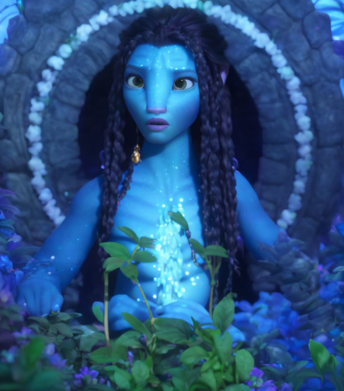 Blue-skinned humanoid surrounded by glowing plants in mystical setting