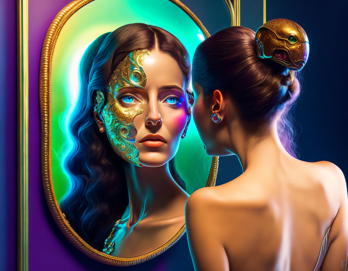 Woman with metallic half-mask reflected in mirror with serpent perched.