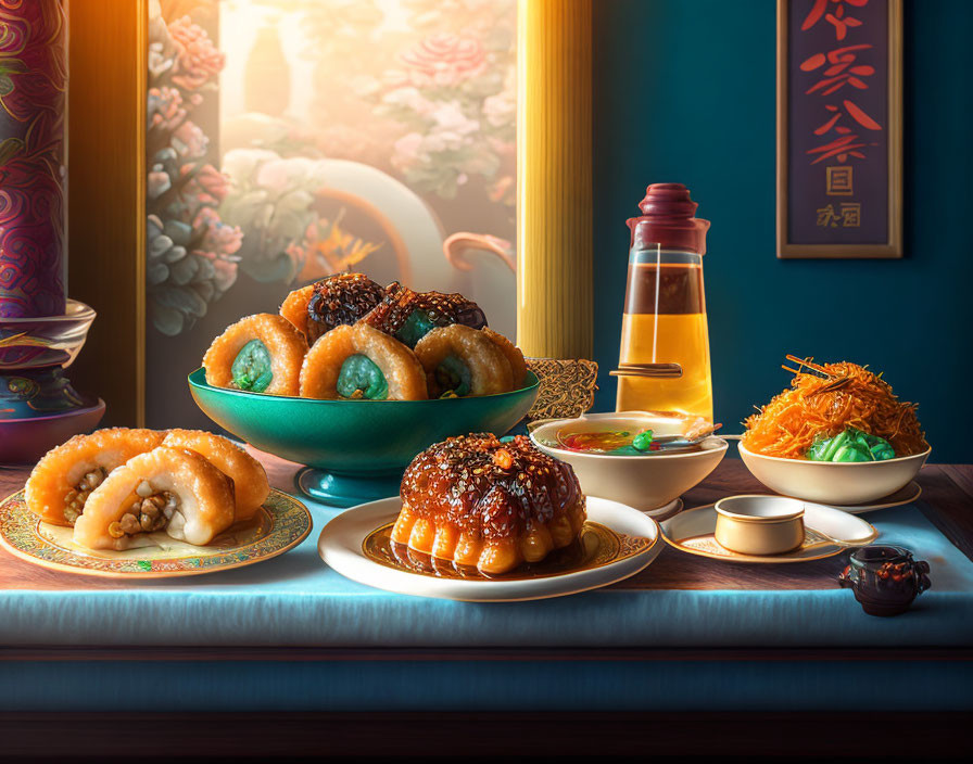 Traditional Chinese Desserts and Tea Displayed on Wooden Table