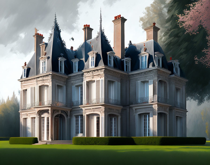 Chateau-style mansion with spires in lush greenery under illuminated sky