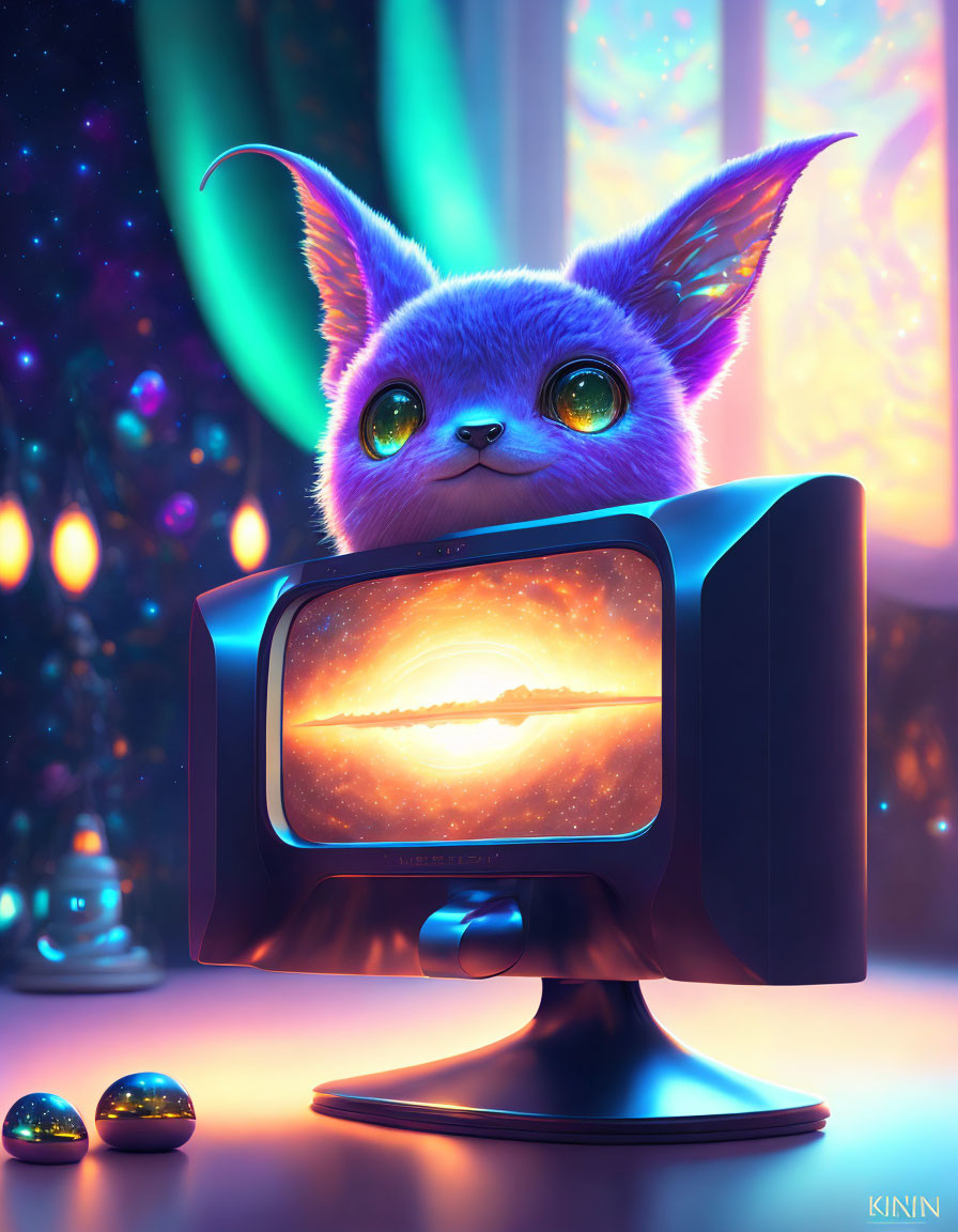 Colorful digital artwork: Cute creature with green eyes watching sunset on vintage monitor in neon-lit room