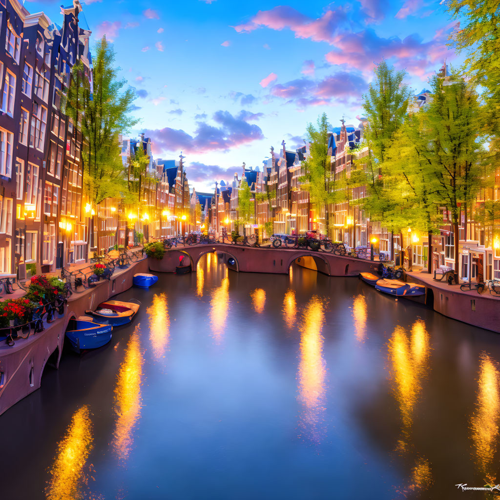 Calm Amsterdam canal at twilight with traditional Dutch buildings and moored boats