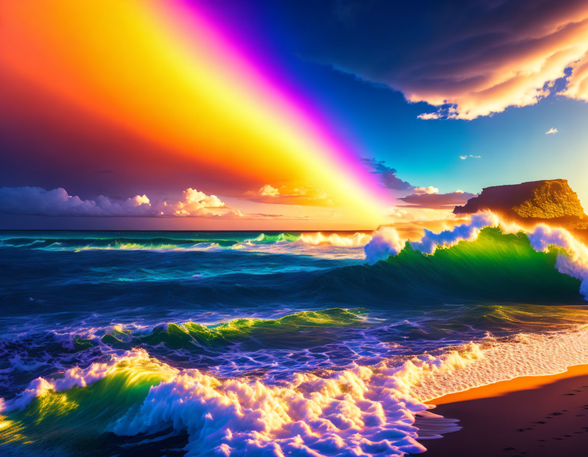 Colorful sunset beach scene with rainbow, crashing waves, and vibrant clouds.